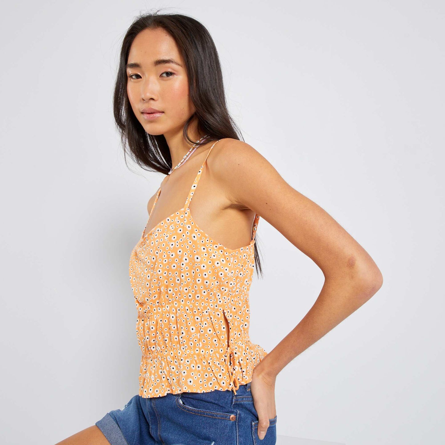 Top fleuri fines bretelles Orange