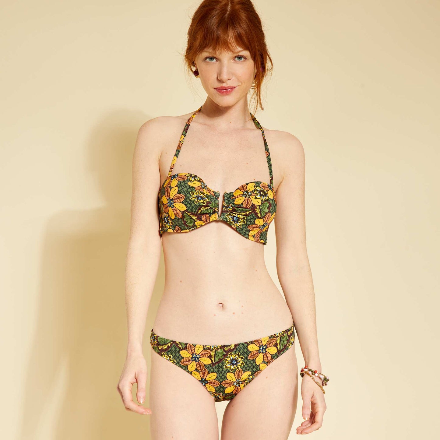 Haut de maillot de bain bandeau coques vert/jaune