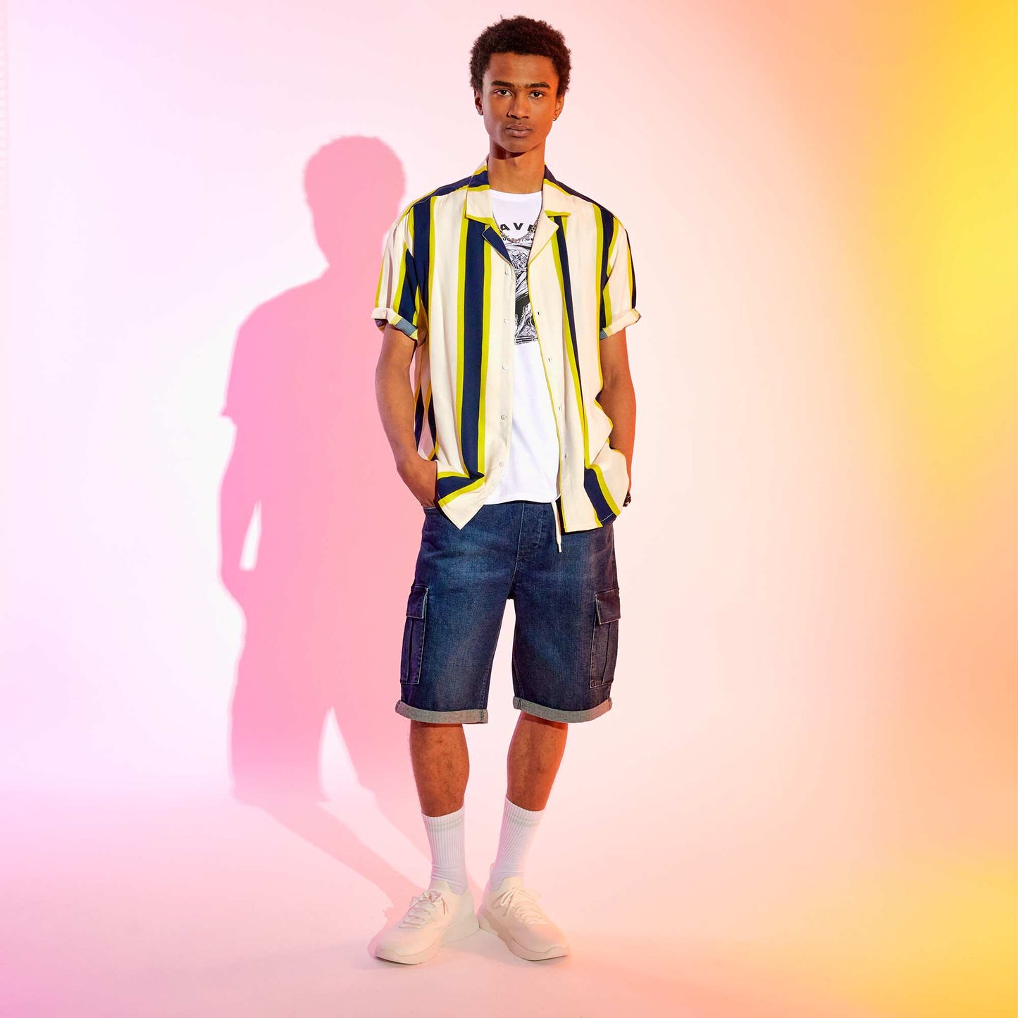 Chemise motifs fluide et l g re Blanc/jaune/bleu