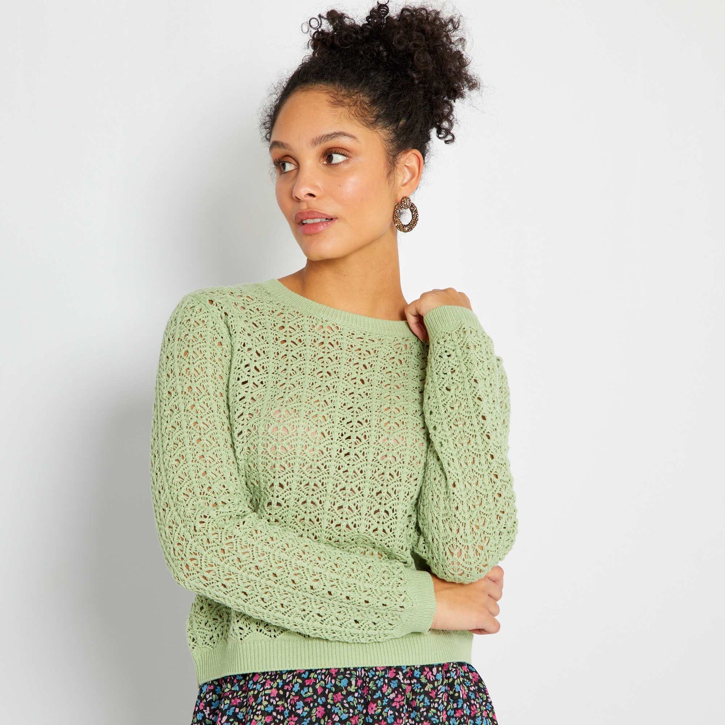 Pull en maille ajour e unie Vert