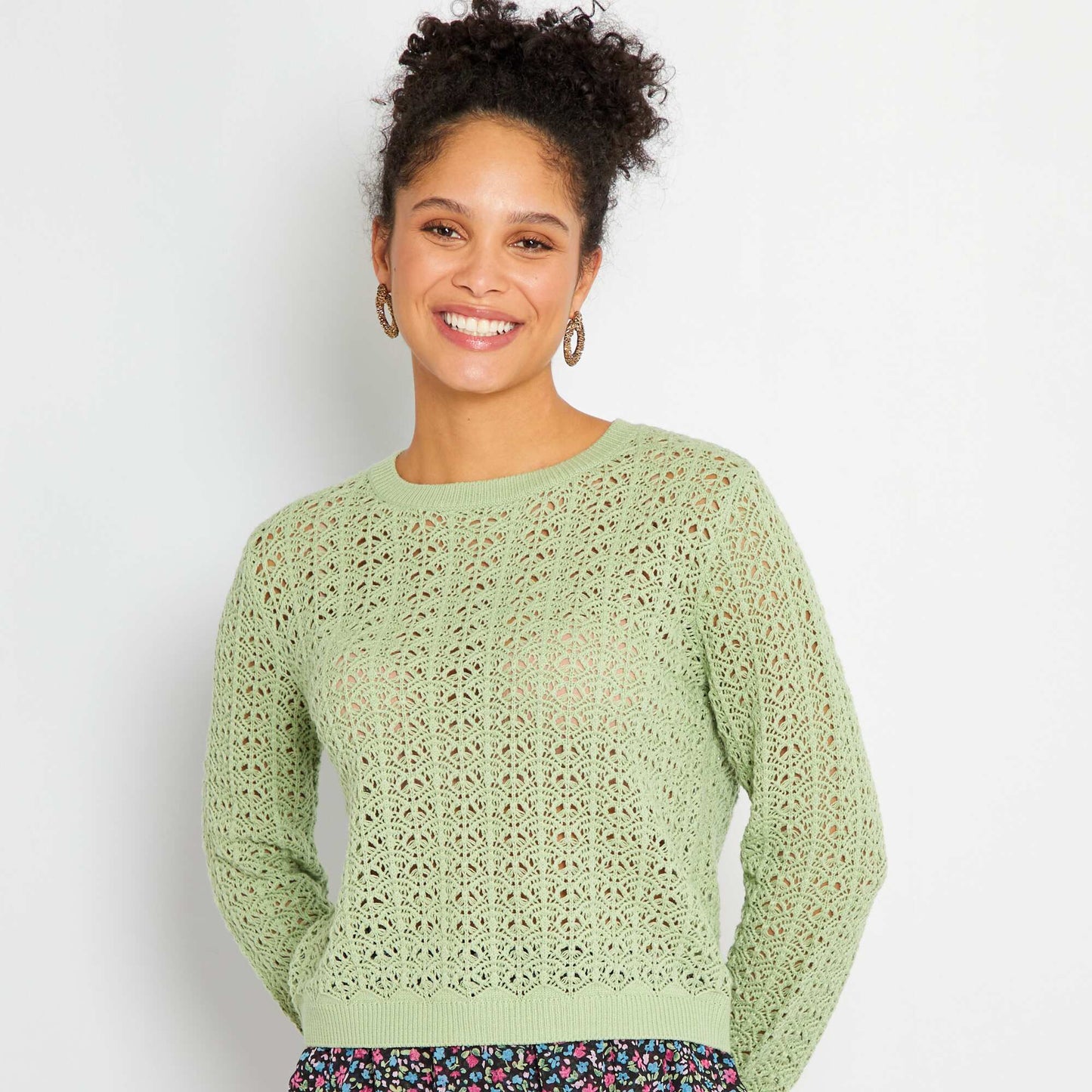 Pull en maille ajour e unie Vert