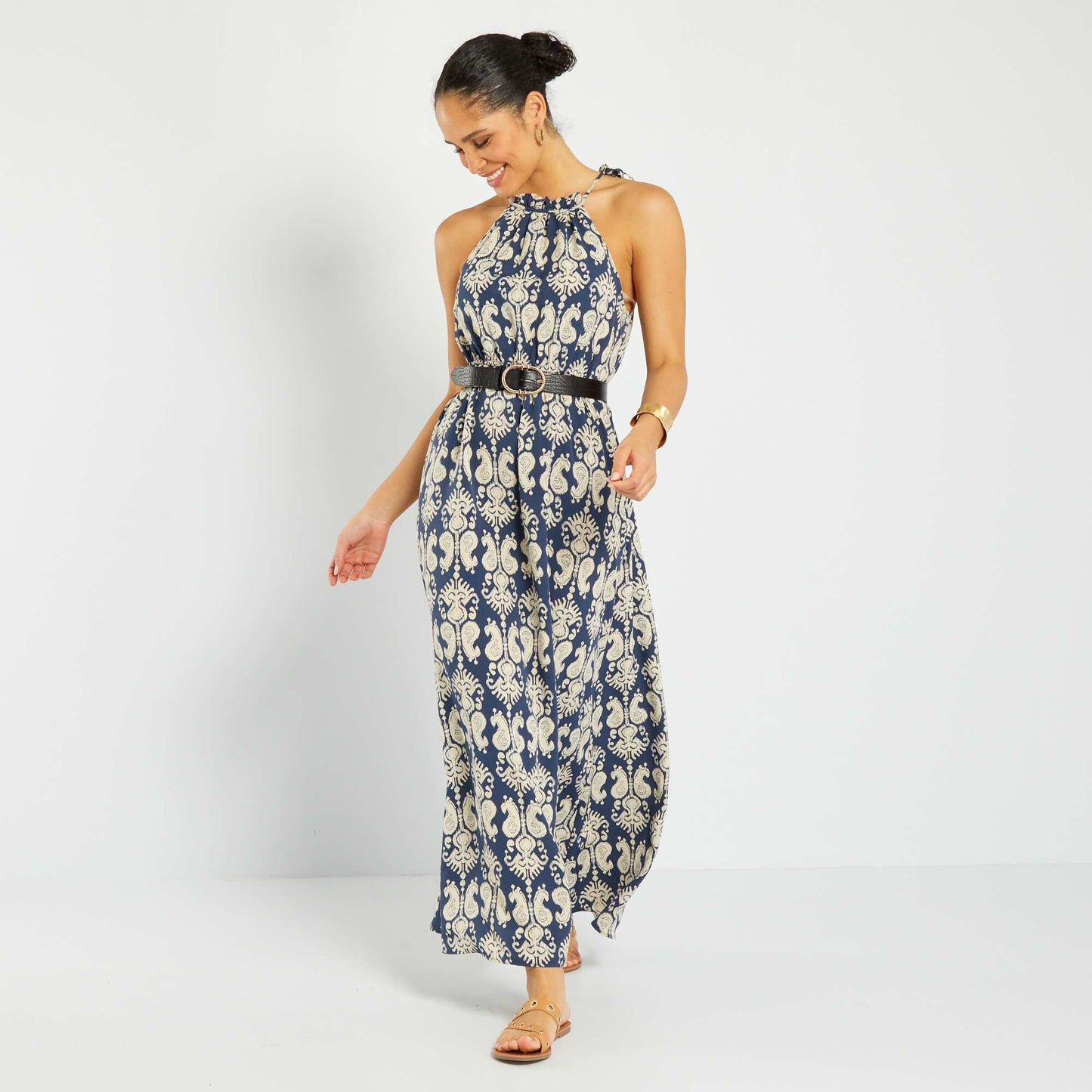 Robe longue imprim e avec col am ricain Bleu