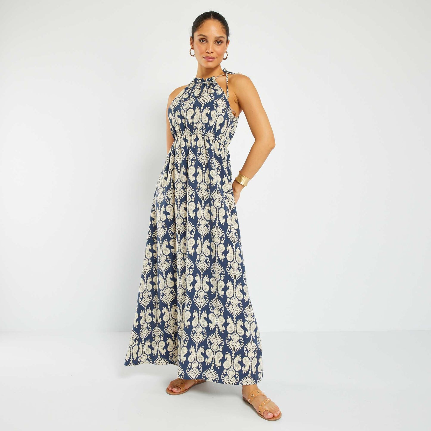Robe longue imprim e avec col am ricain Bleu