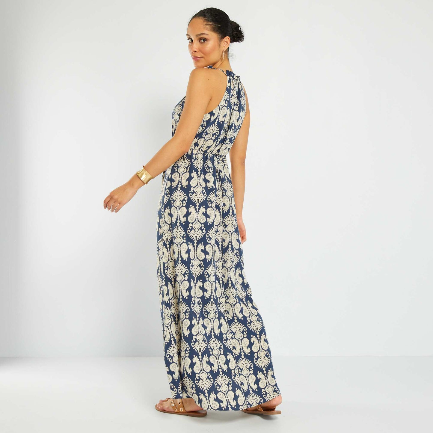 Robe longue imprim e avec col am ricain Bleu