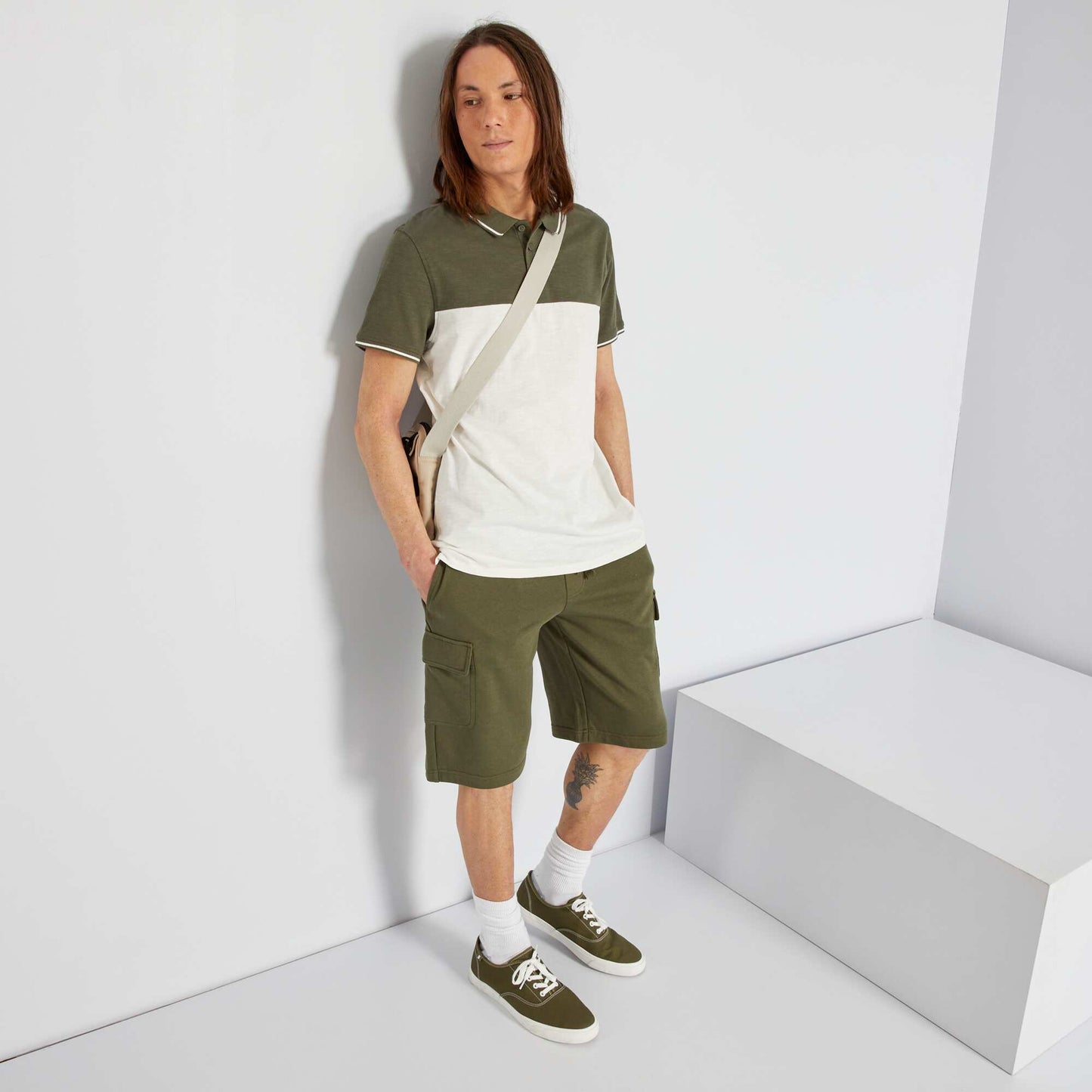 Polo en piqu de coton color-block Kaki blanc