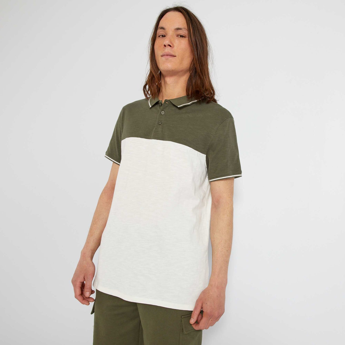 Polo en piqu de coton color-block Kaki blanc