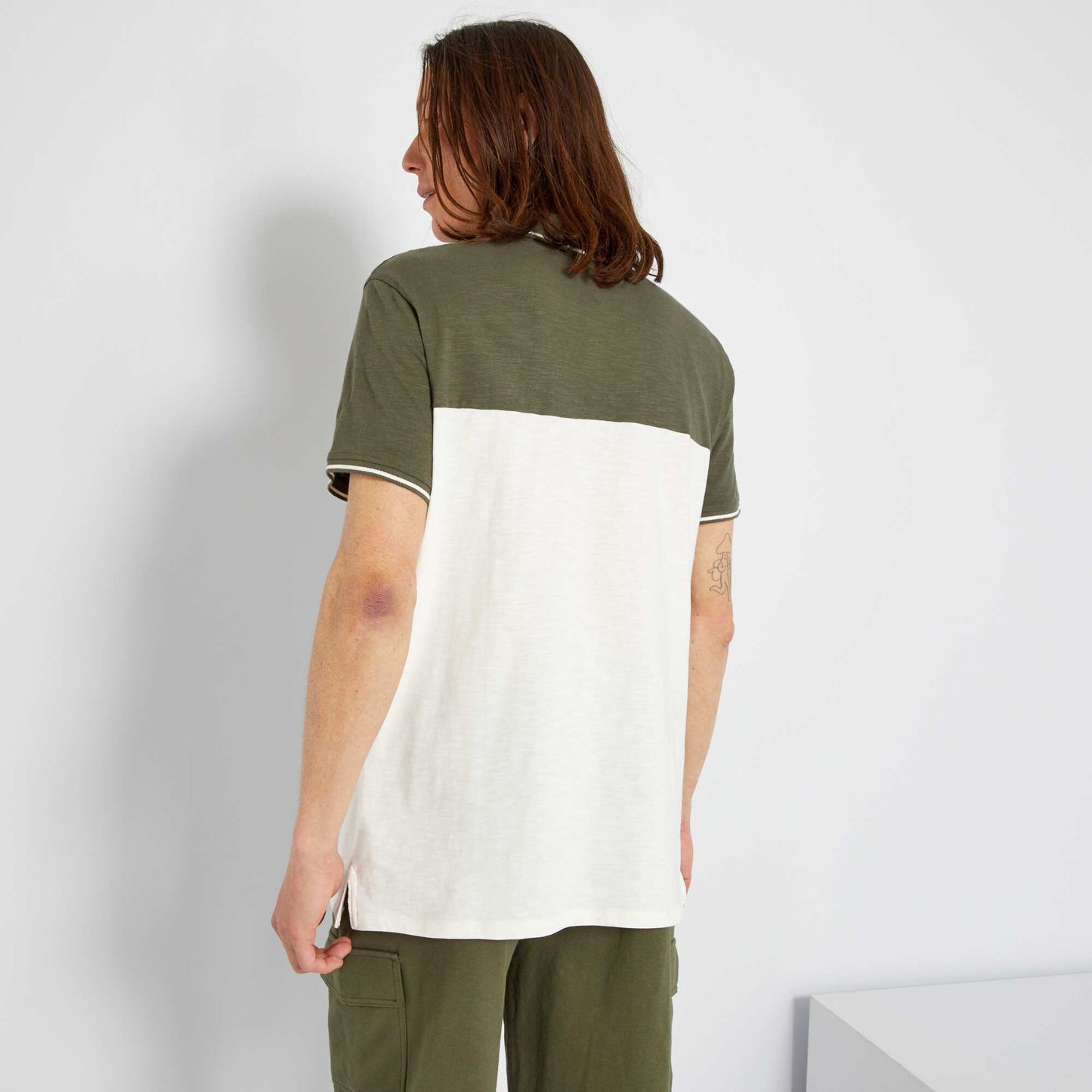 Polo en piqu de coton color-block Kaki blanc