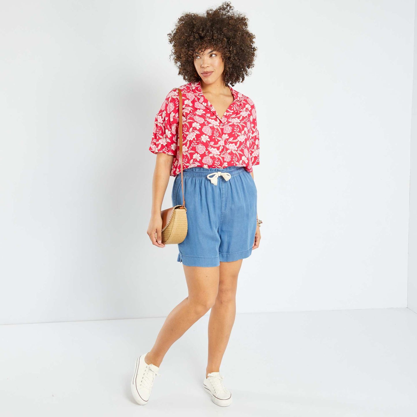 Chemisier manches courtes en maille cr p e ROSE