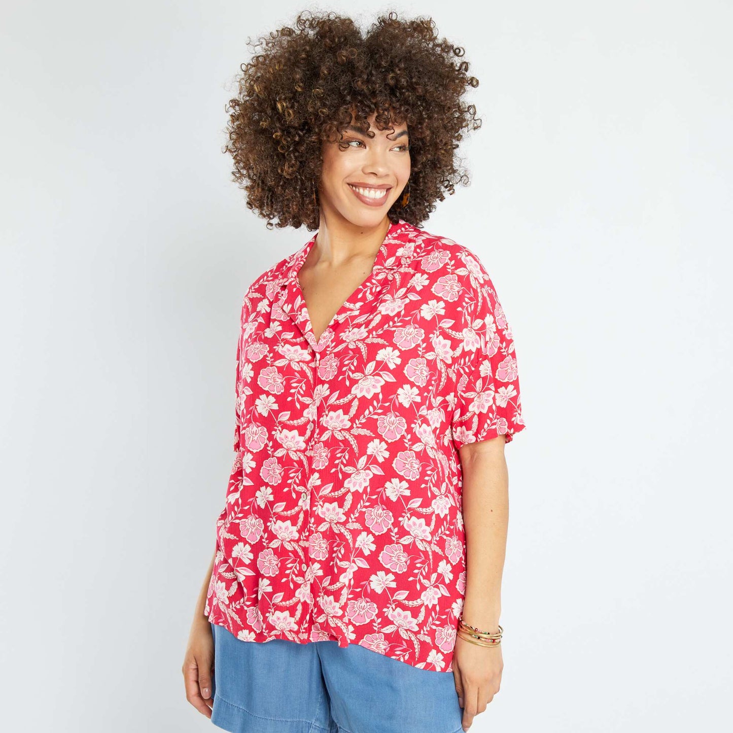 Chemisier manches courtes en maille cr p e ROSE