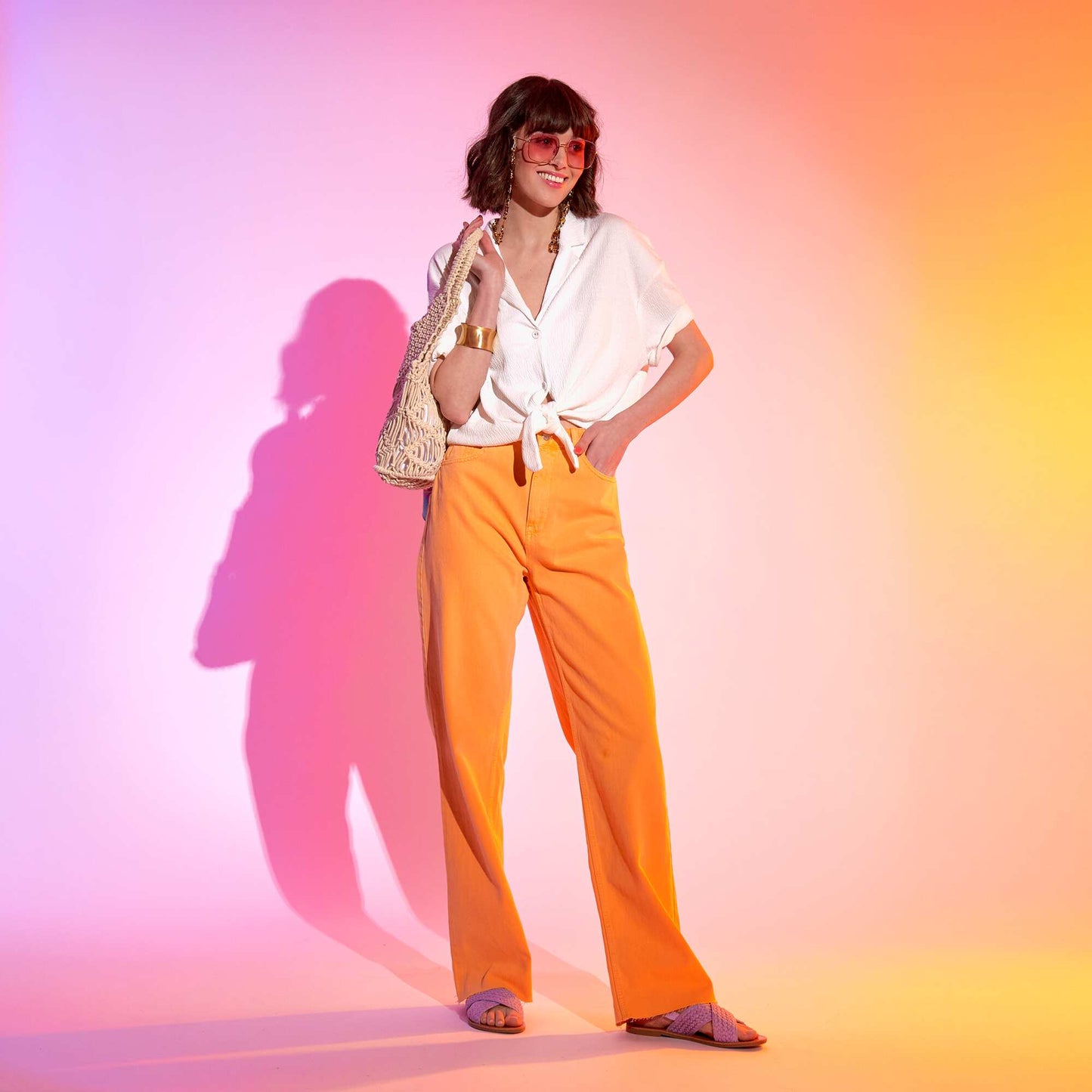 Pantalon wide leg taille haute orange abricot