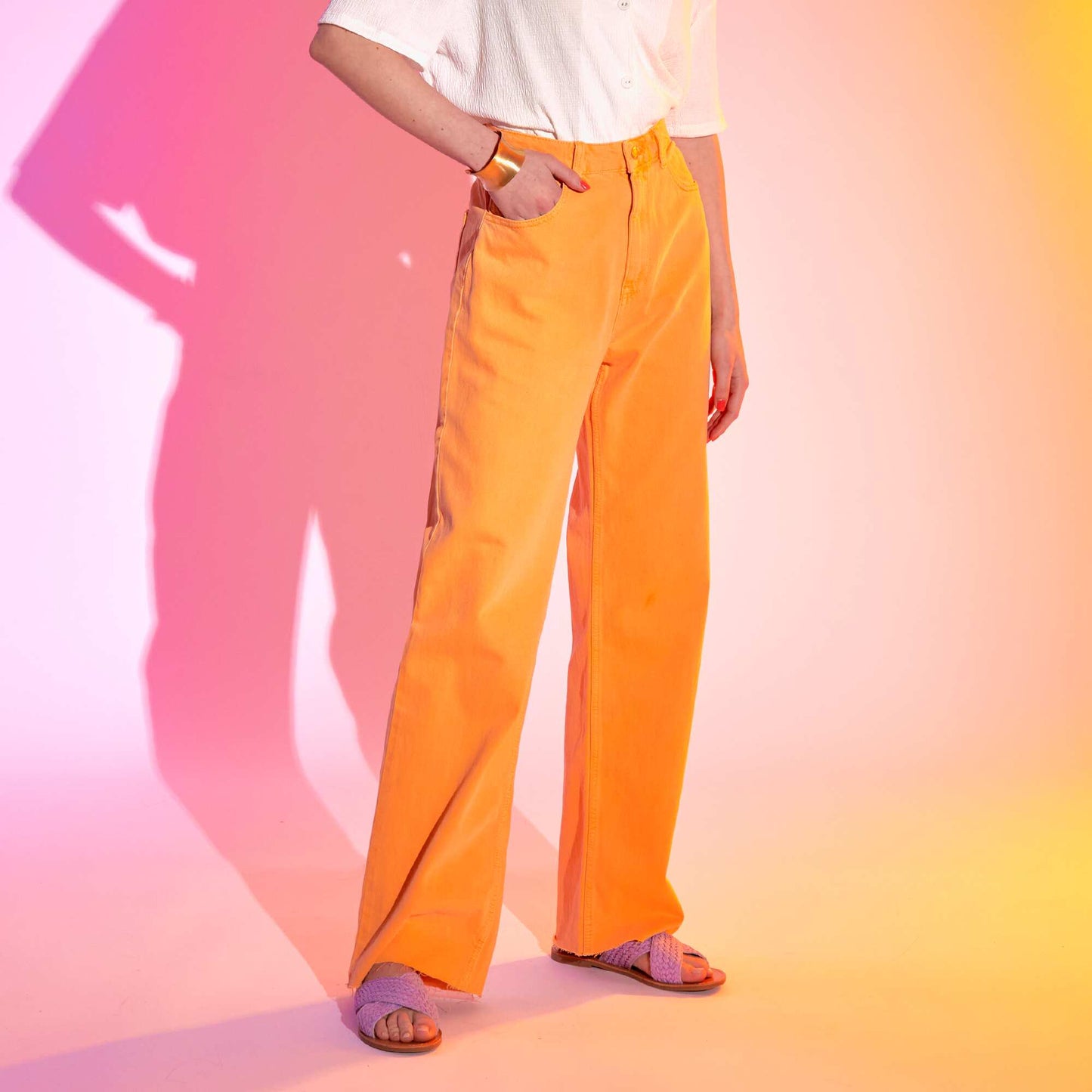 Pantalon wide leg taille haute orange abricot