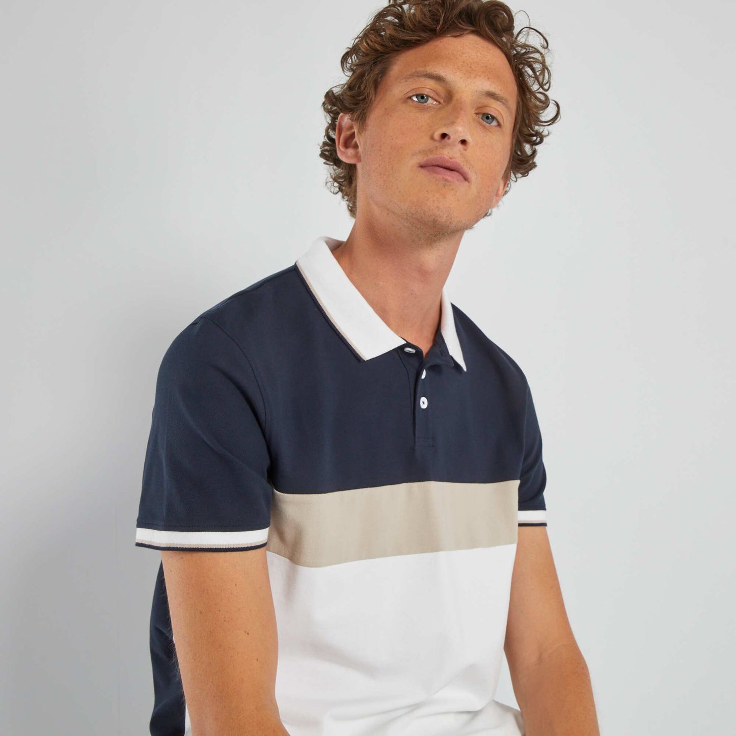 Polo en piqu de coton color-block Blanc/bleu
