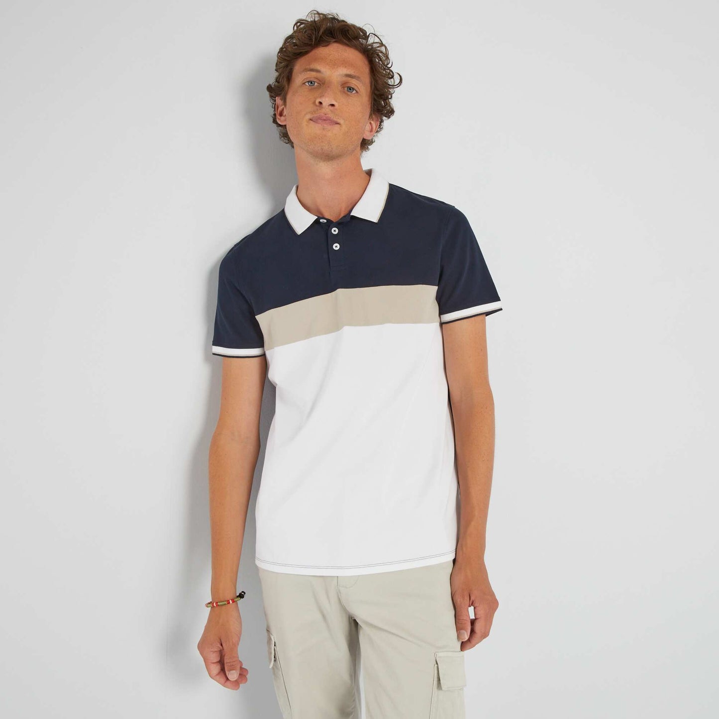 Polo en piqu de coton color-block Blanc/bleu