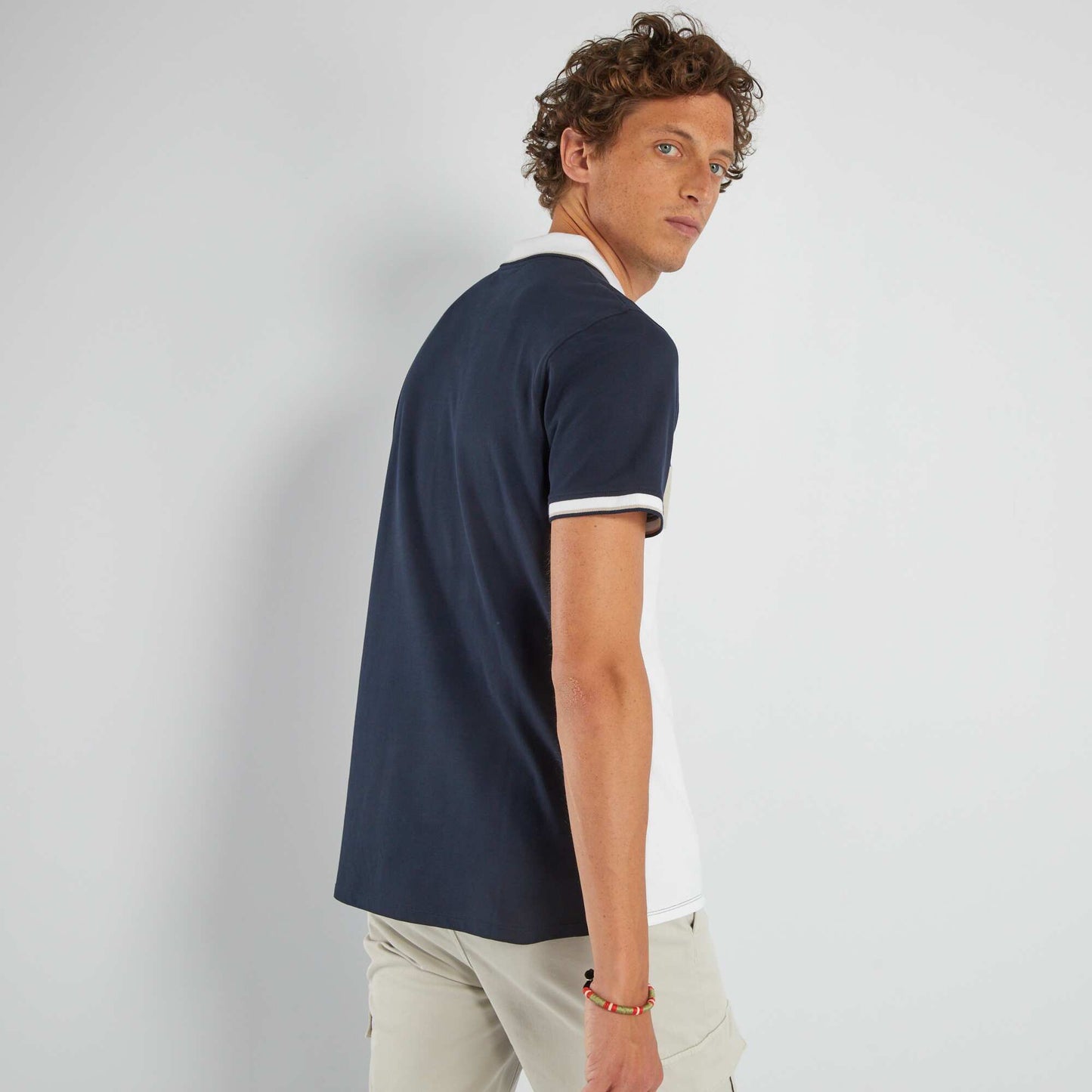 Polo en piqu de coton color-block Blanc/bleu