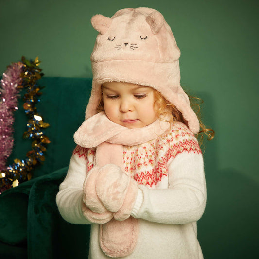 Ensemble bonnet + écharpe + moufles Rose