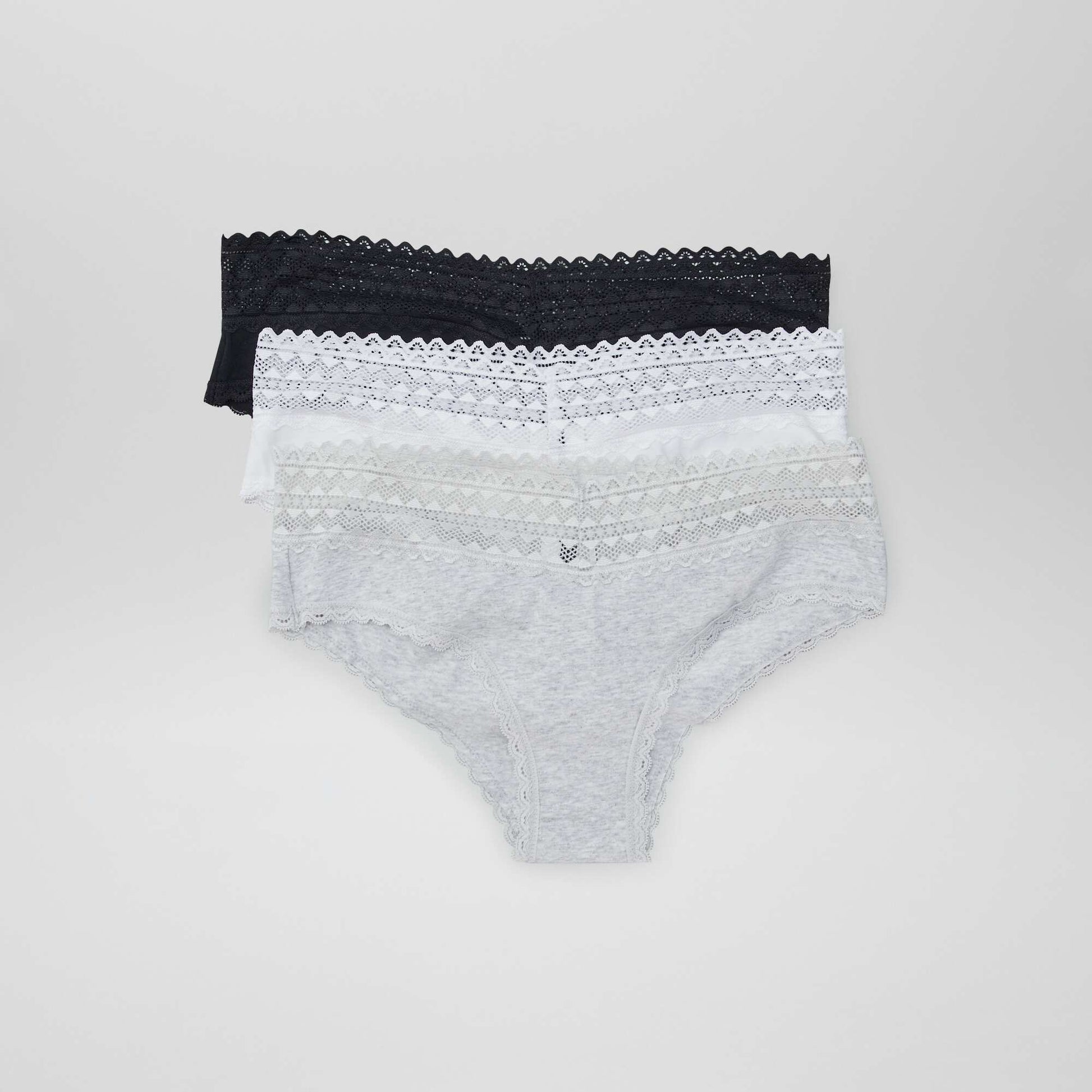 Lot de 3 shorties avec dentelle GRIS/BLANC/NOIR