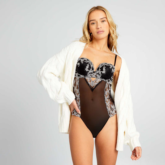 Body en dentelle avec fleurs brod es Noir/blanc