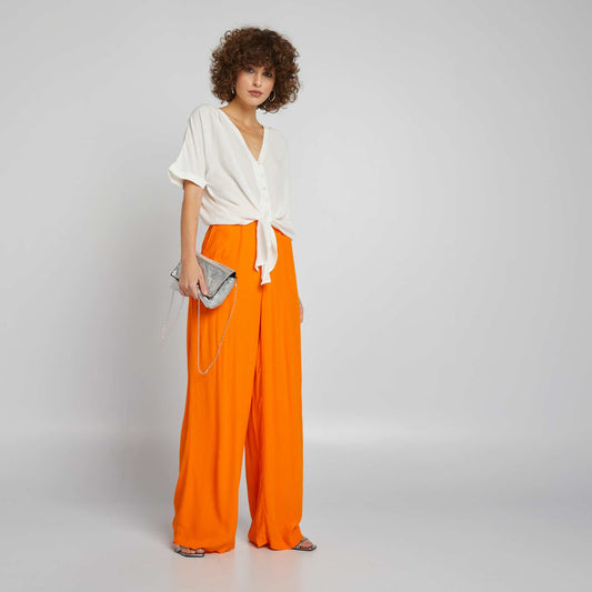 Pantalon large en cr pe Orange