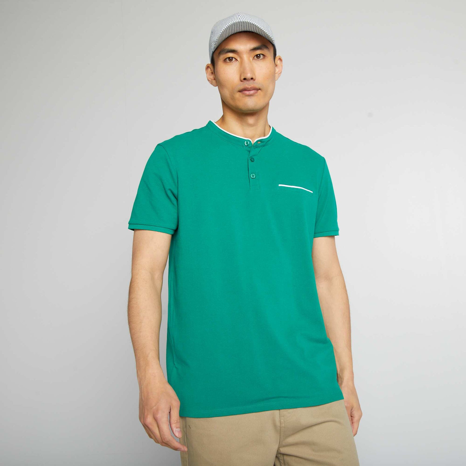 Polo col mao en piqu de coton Vert
