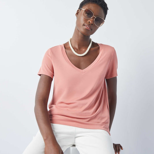 T-shirt stretch col V Rose