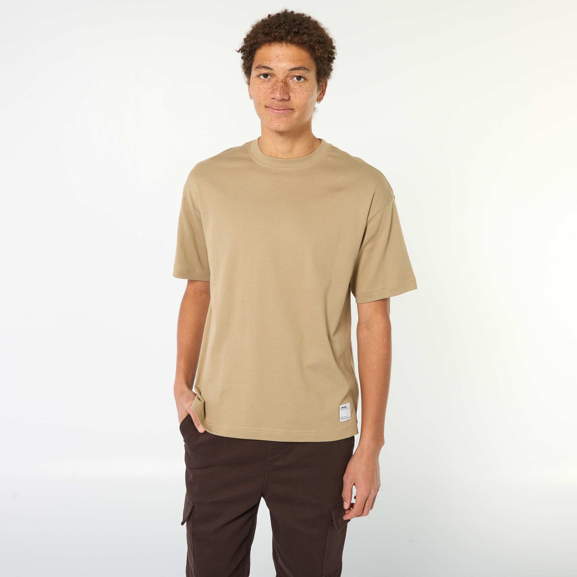 T-shirt col rond en coton BEIGE