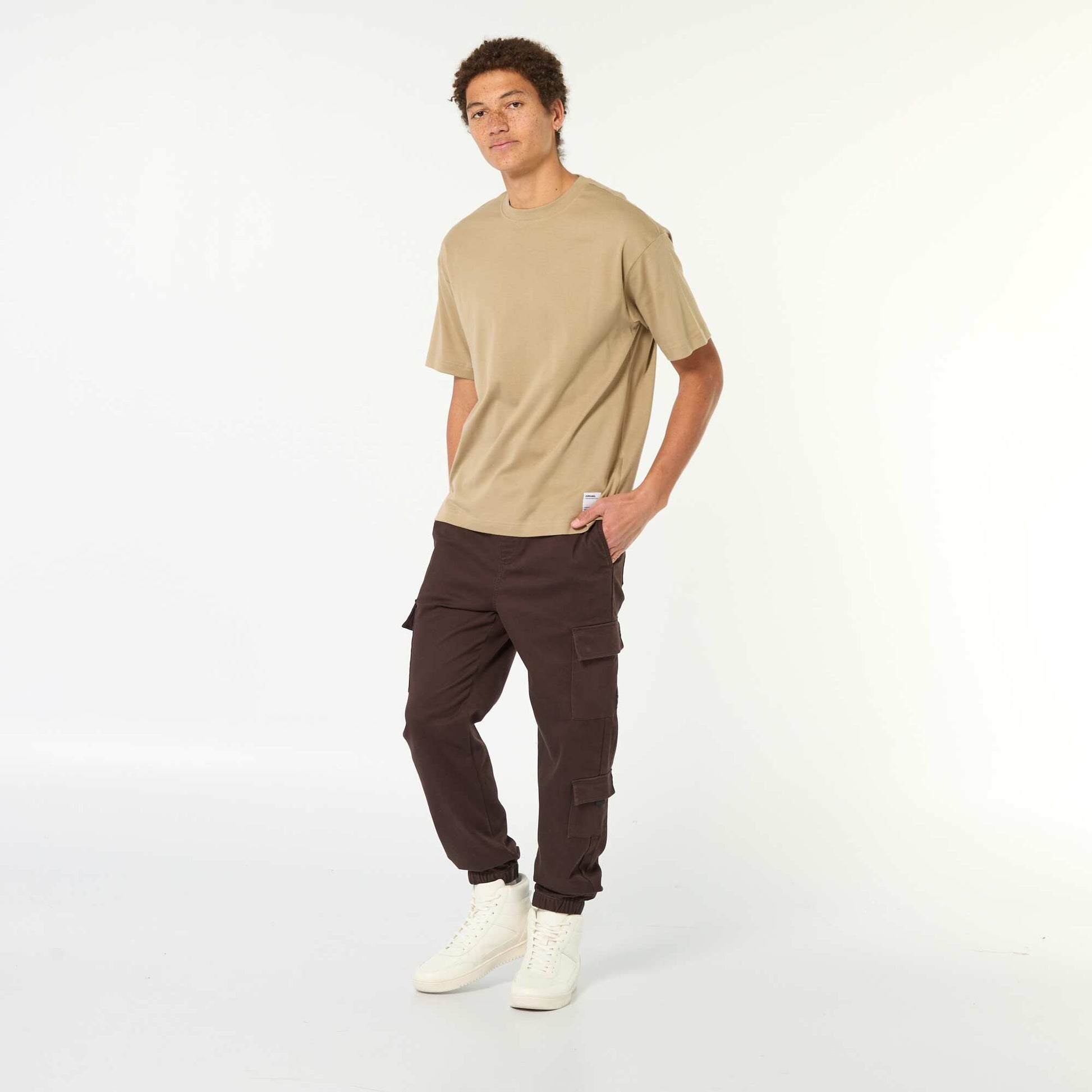 T-shirt col rond en coton BEIGE