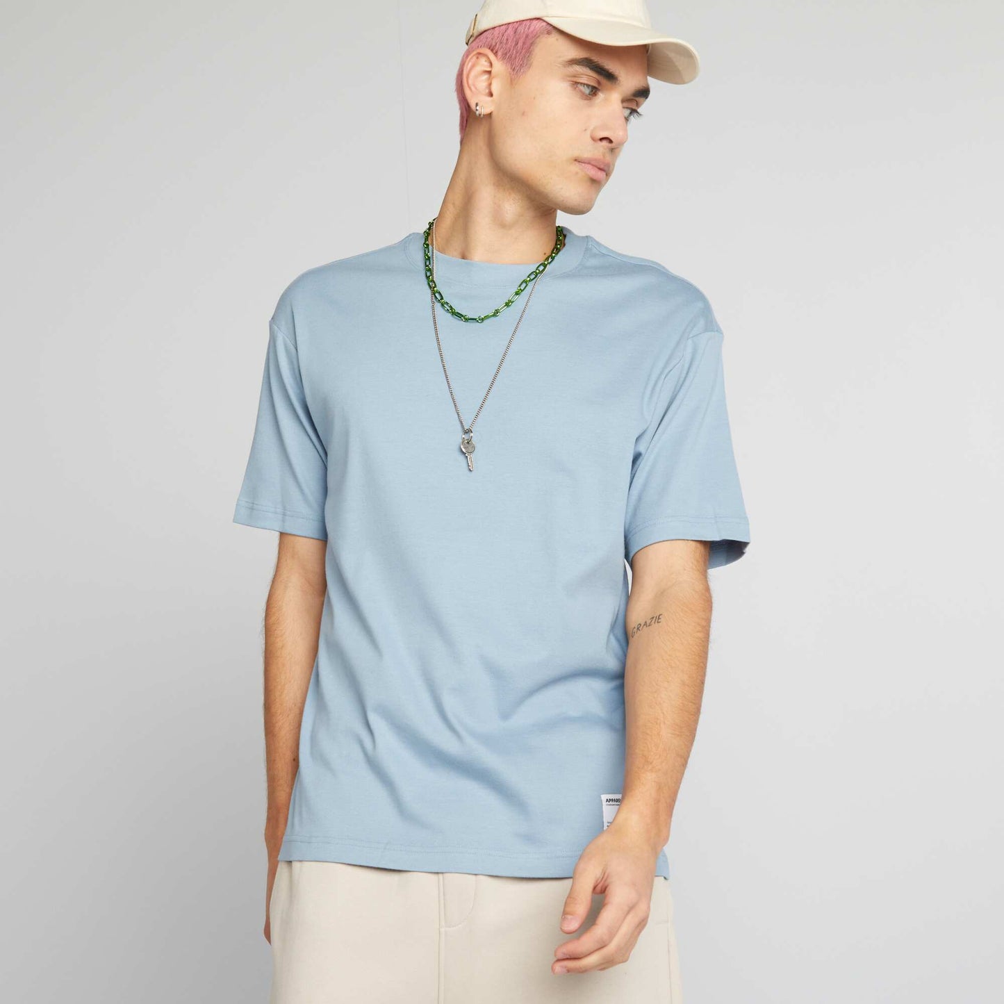 T-shirt col rond en coton Bleu