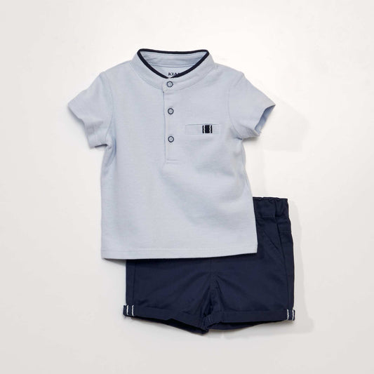 Ensemble 2 pi ces - Tee-shirt esprit polo + short en twill BLEU