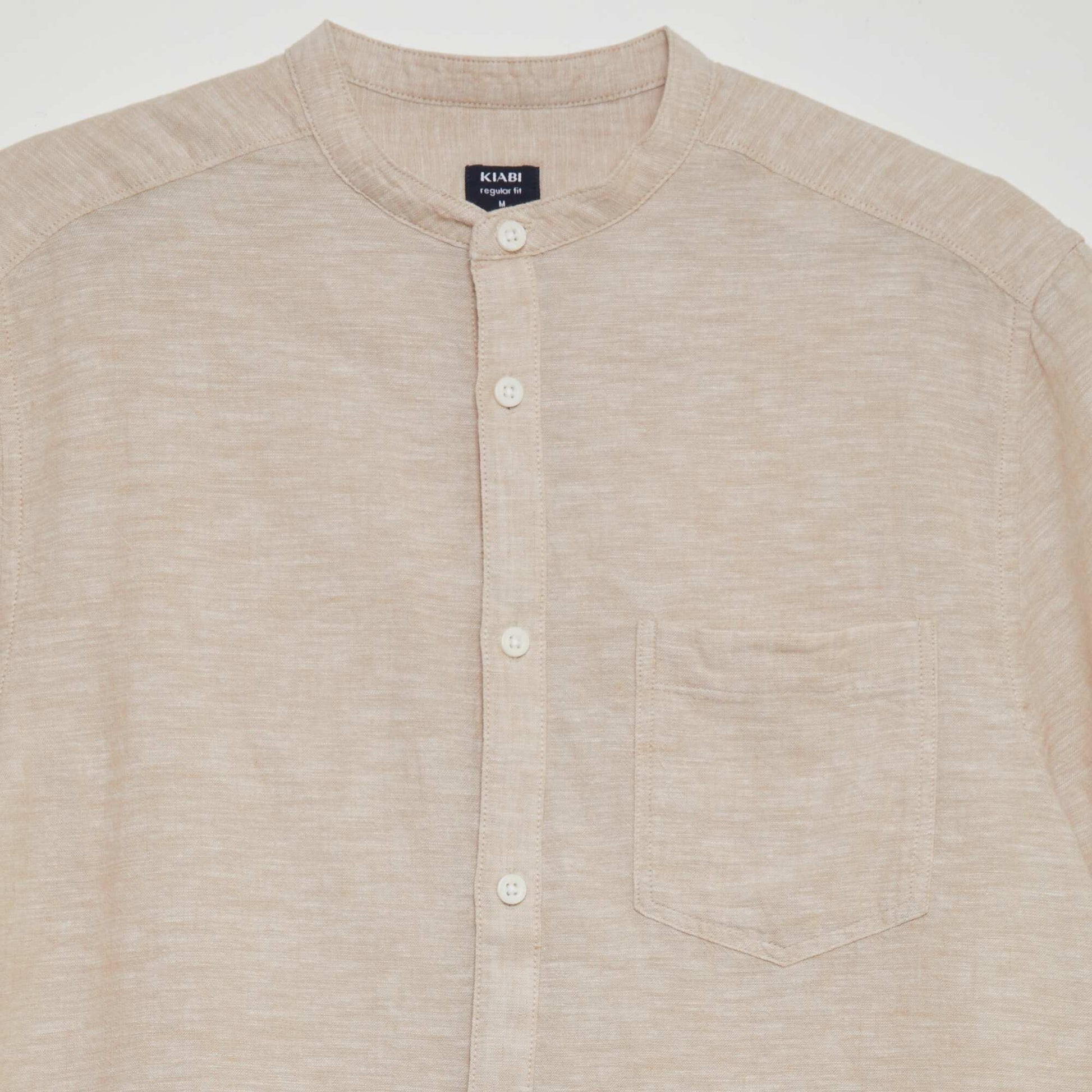 Chemise manches courtes col mao en lin Beige