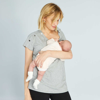 T-shirt d'allaitement avec col boutonn Gris