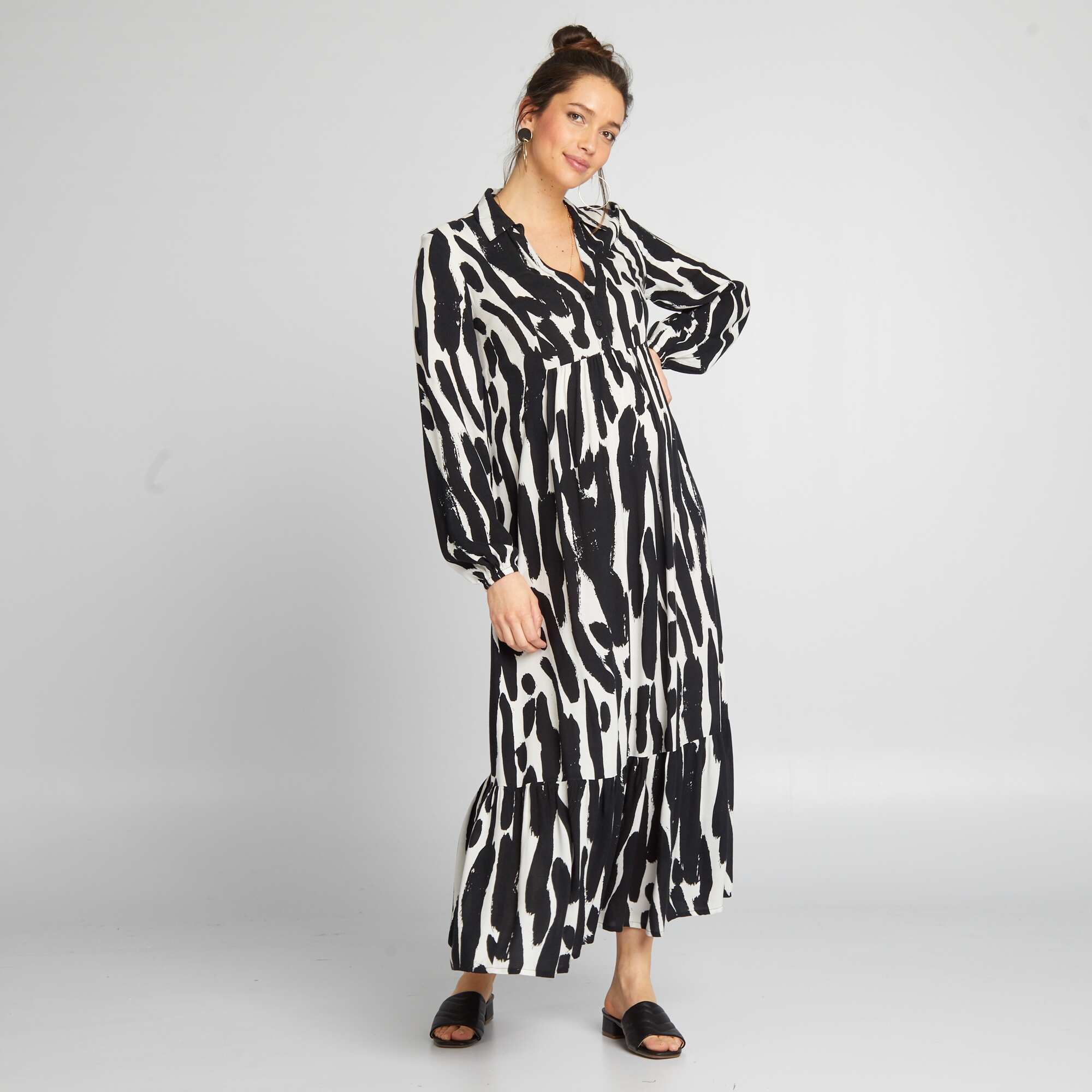 Robe de maternit longue volants Noir blanc