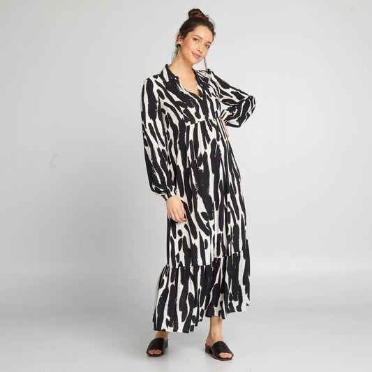 Robe de maternité longue à volants Noir/blanc