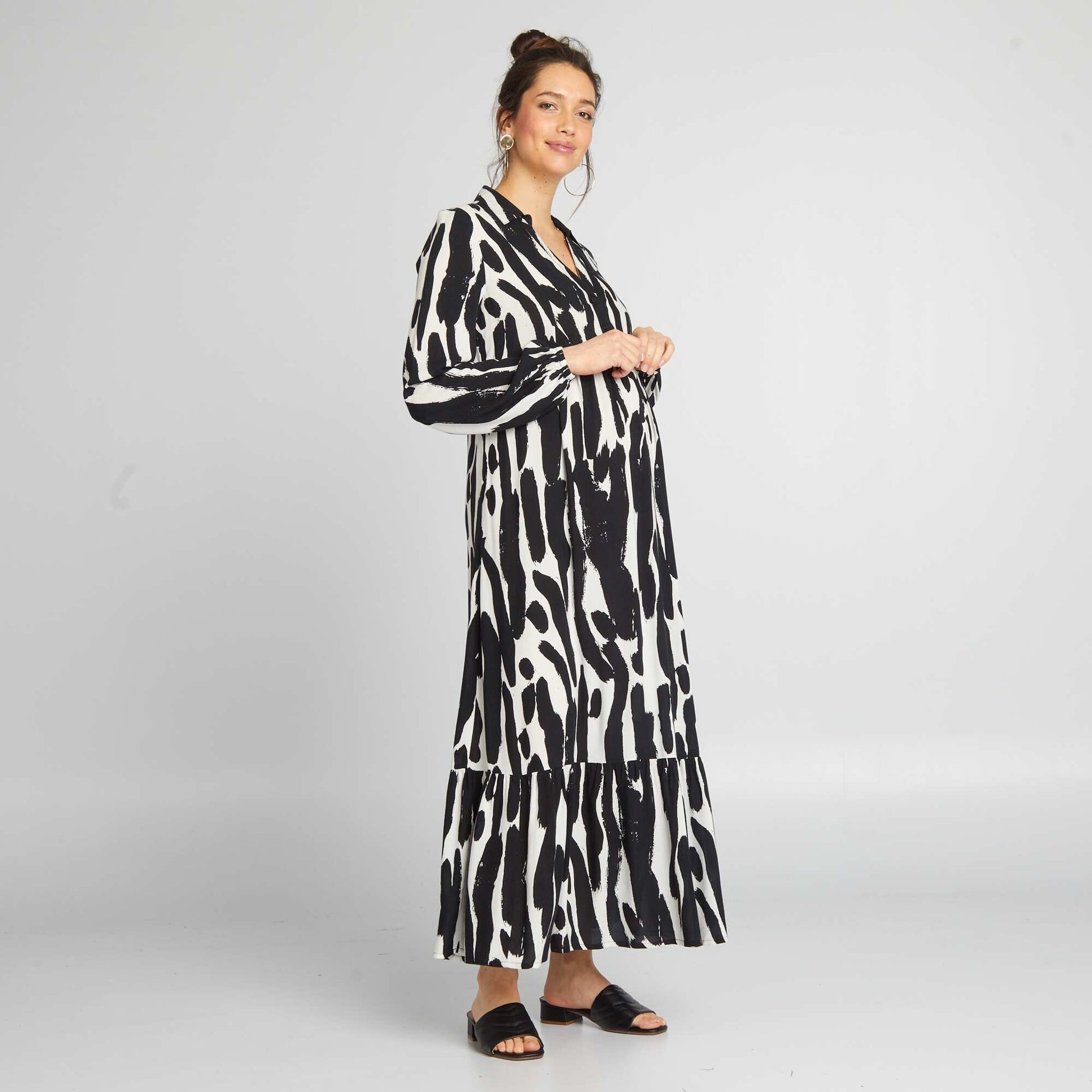 Robe de maternit longue volants Noir/blanc