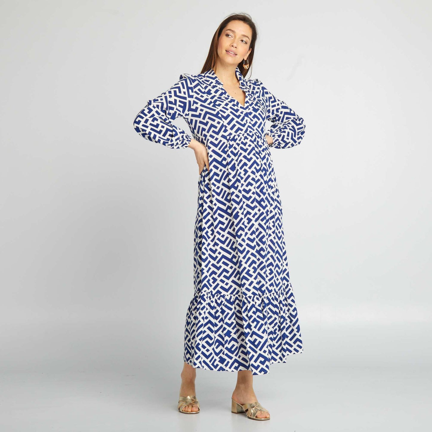 Robe de maternit  longue   volants Bleu