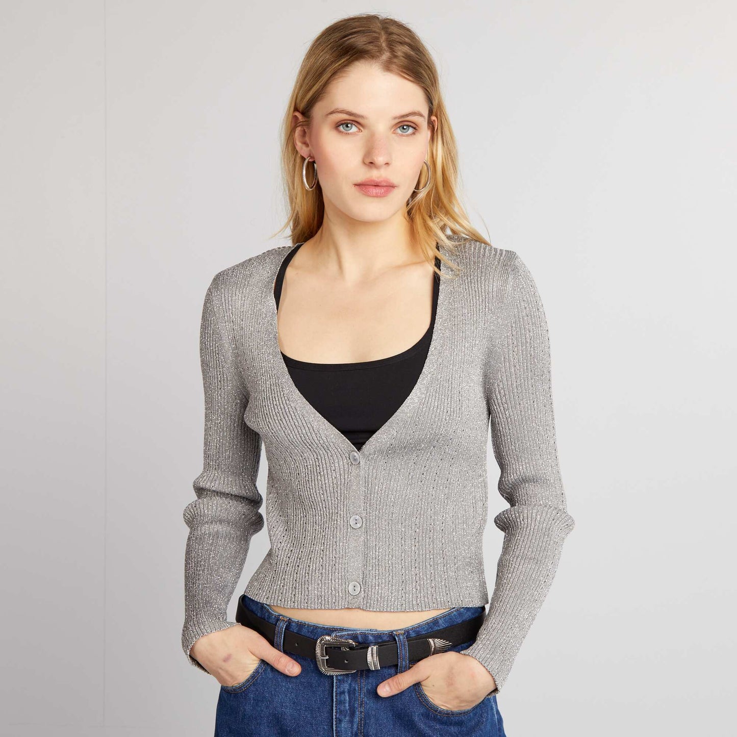 Gilet crop top maille brillante Gris