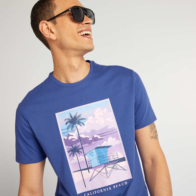T-shirt en coton imprim col rond Bleu lectrique