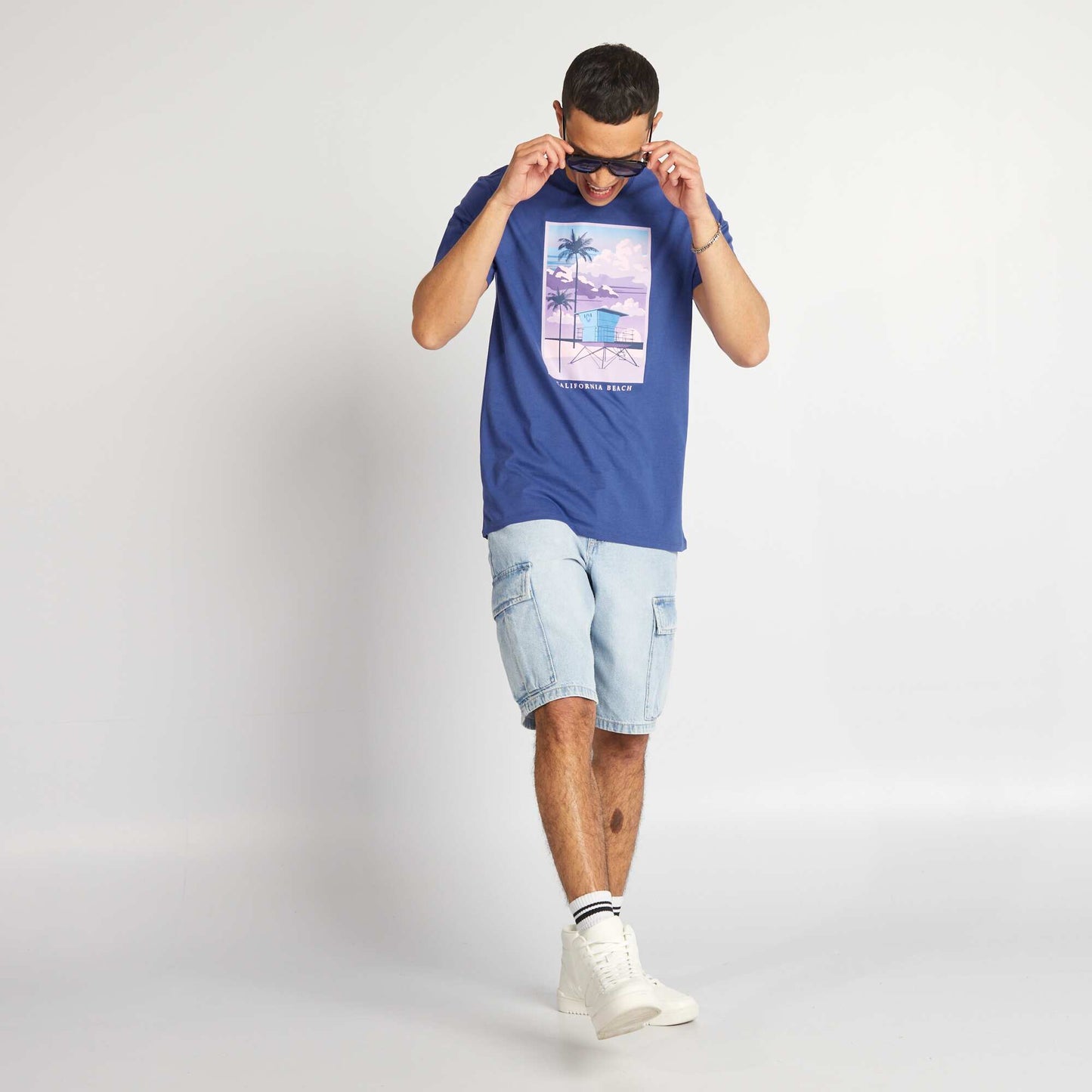 T-shirt en coton imprim    col rond Bleu  lectrique