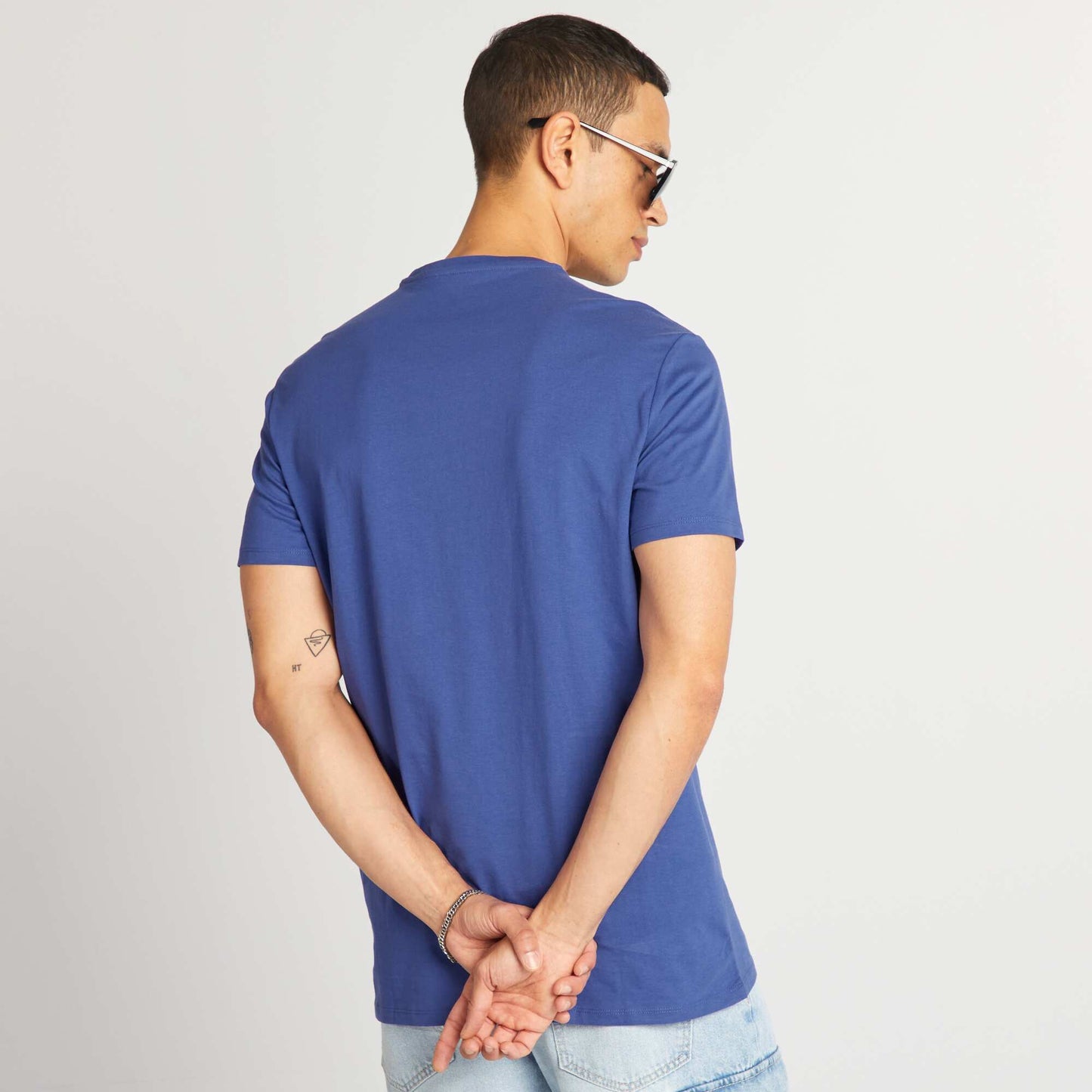 T-shirt en coton imprim    col rond Bleu  lectrique