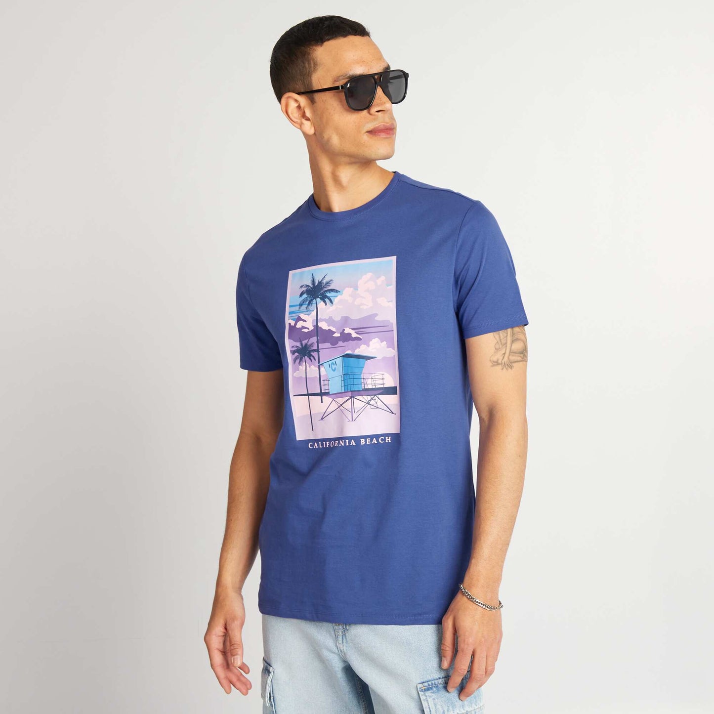 T-shirt en coton imprim    col rond Bleu  lectrique