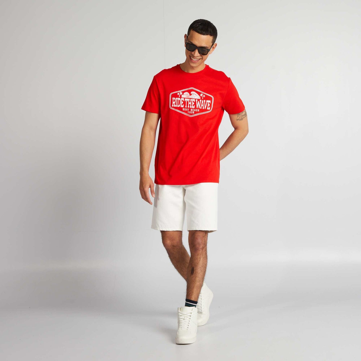 T-shirt en coton imprim    col rond Rouge