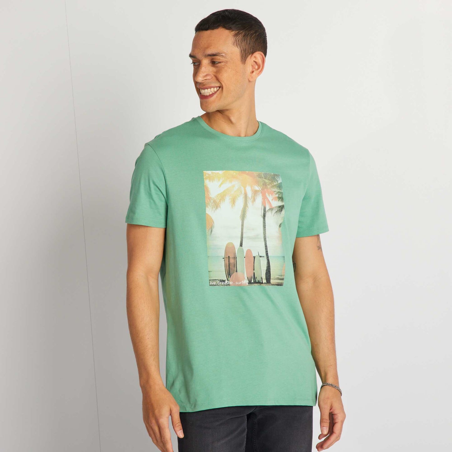 T-shirt en coton imprim    col rond Vert