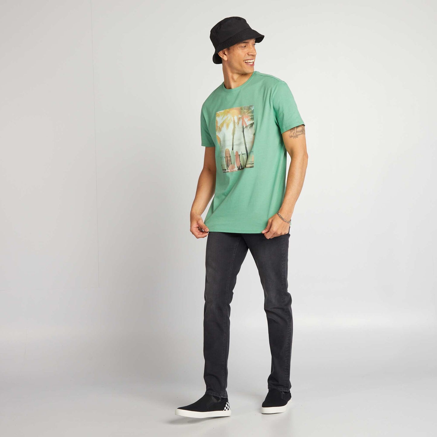 T-shirt en coton imprim    col rond Vert