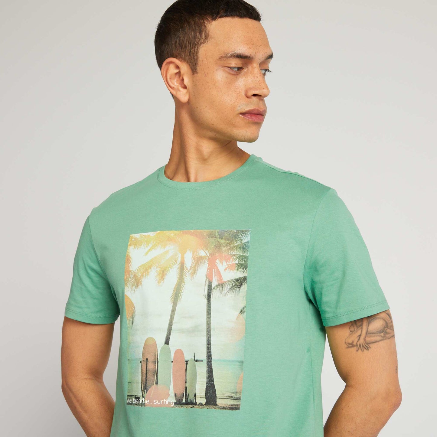 T-shirt en coton imprim    col rond Vert