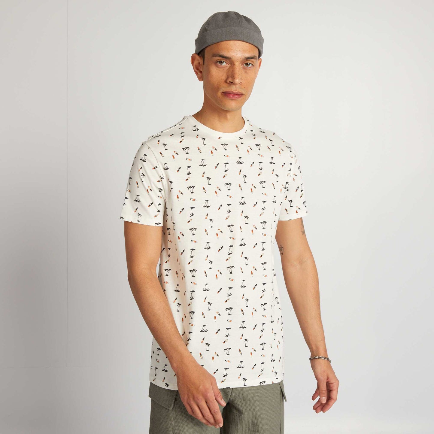 T-shirt en coton imprim    col rond Blanc 'surf'