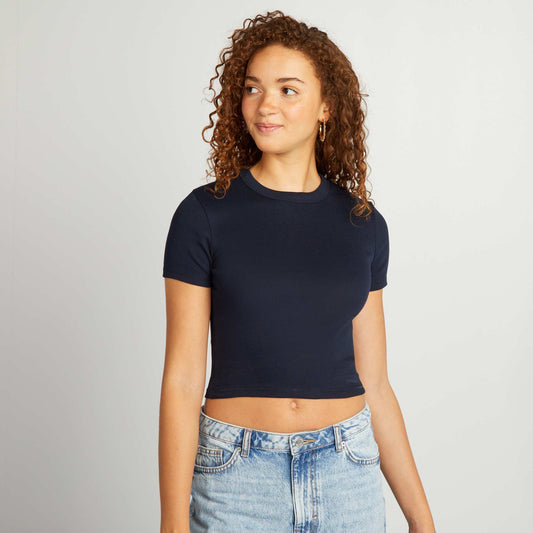 T-shirt cropped manches courtes bleu marine