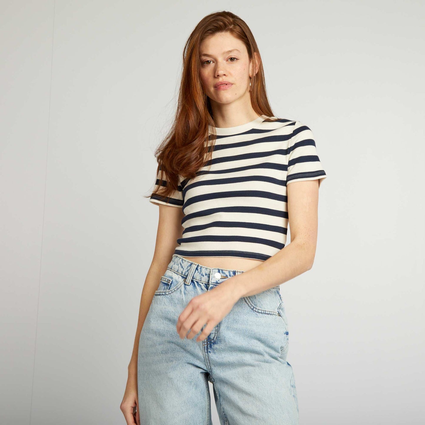 Tee-shirt crop top marinière Bleu/beige