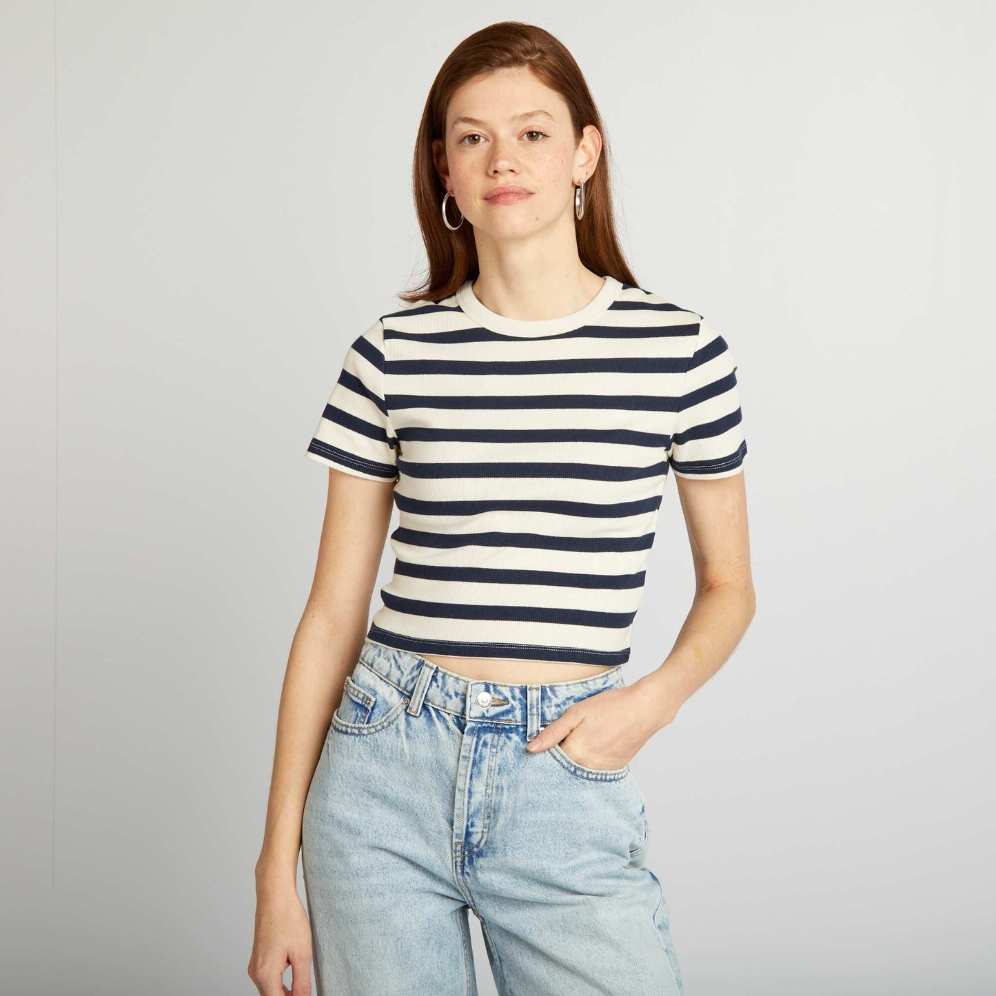 Tee-shirt crop top marinière Bleu/beige