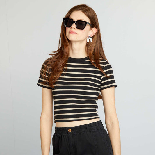 Tee-shirt crop top marinière Noir/beige