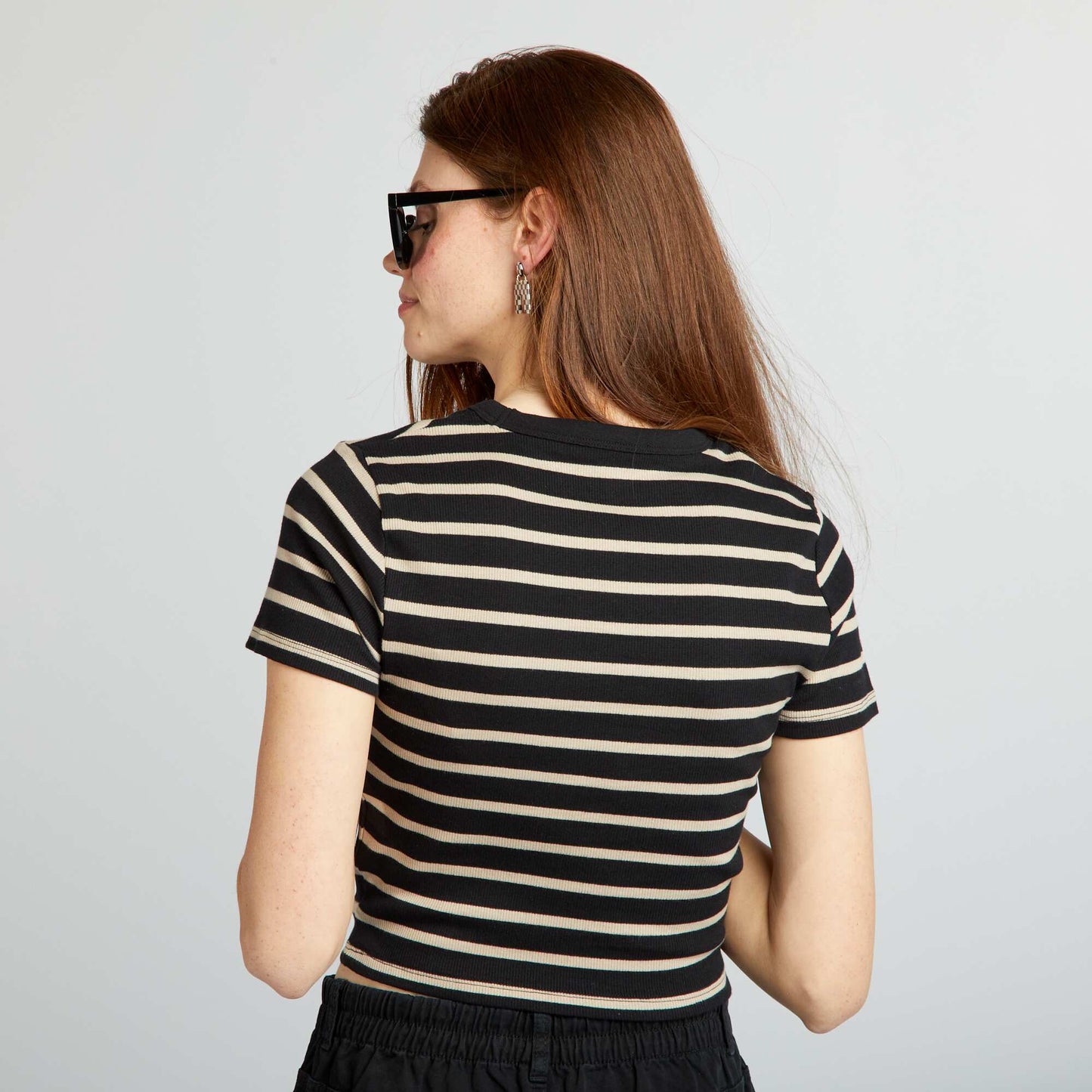 Tee-shirt crop top marinière Noir/beige