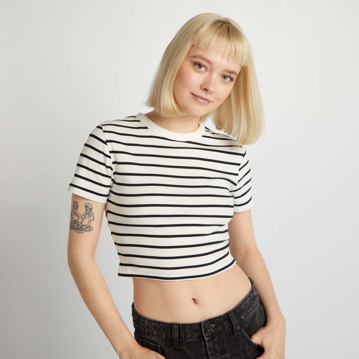 Tee-shirt crop top marinière Blanc/noir